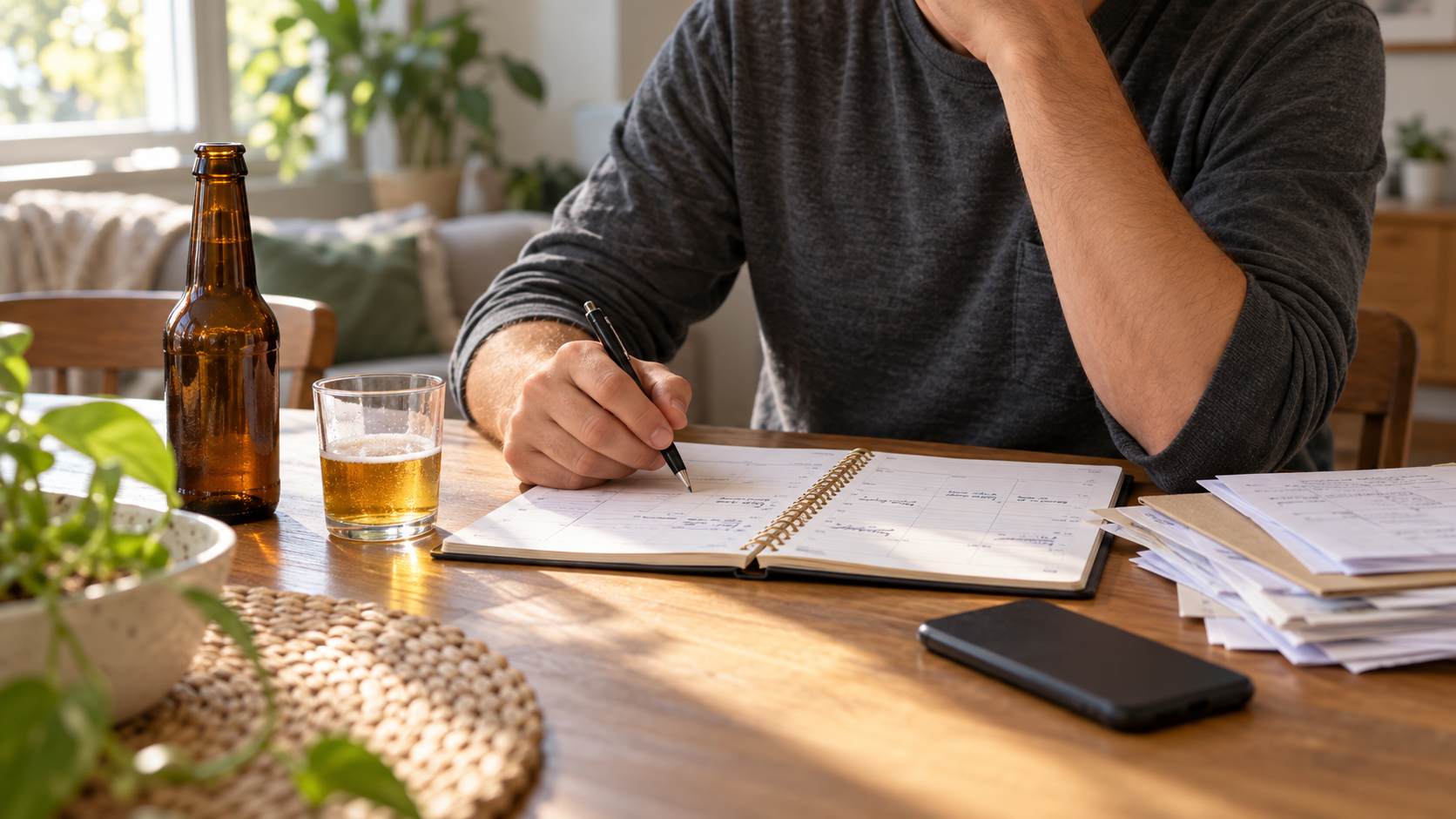 Pessoa diante de uma agenda e papéis sobre a mesa, com garrafa e copo de cerveja ao lado.