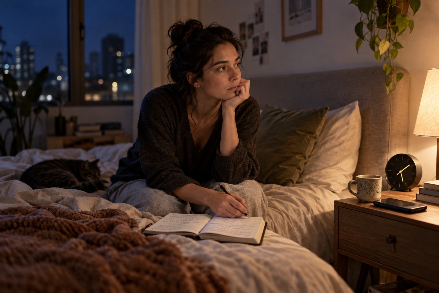 Mulher adulta acordada à noite, sentada na cama e escrevendo em um caderno.