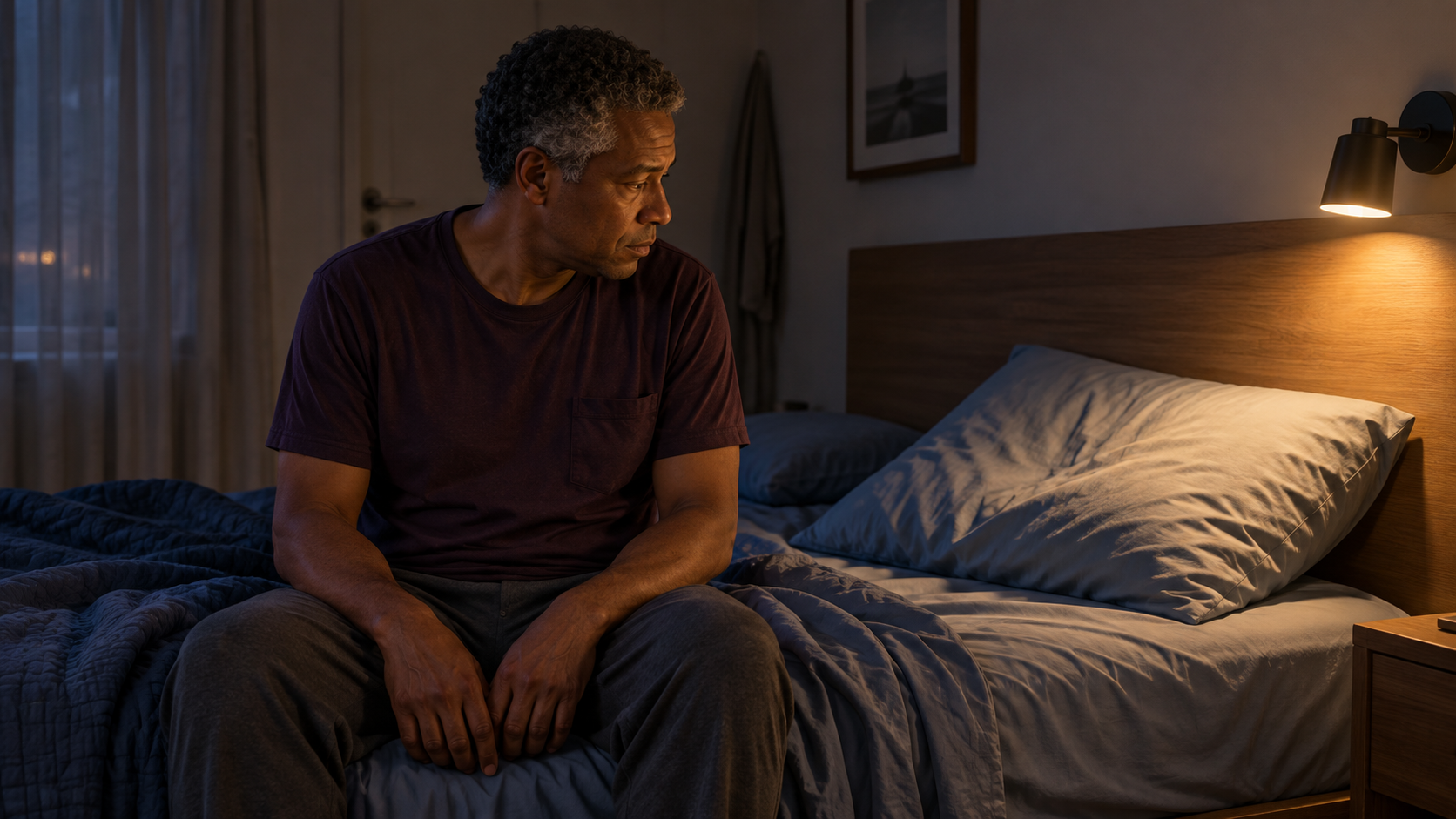 Homem sentado na cama à noite, olhando para o travesseiro em um quarto com iluminação suave.