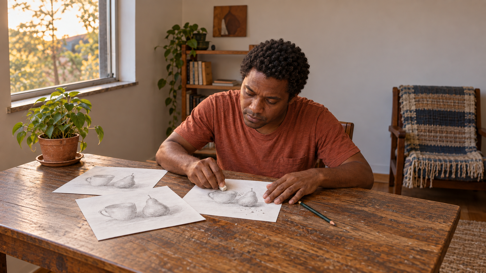 Homem apaga um detalhe de um desenho, com duas versões semelhantes sobre a mesa.