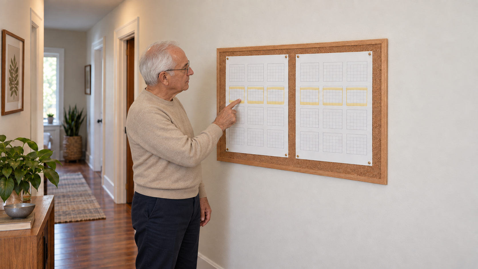 Homem de cabelo branco aponta marcações semelhantes em dois calendários num painel de cortiça.