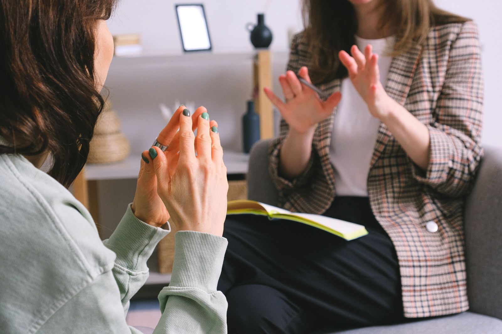 Mulher conversa com uma terapeuta, que gesticula com uma caneta e mantém um caderno no colo.