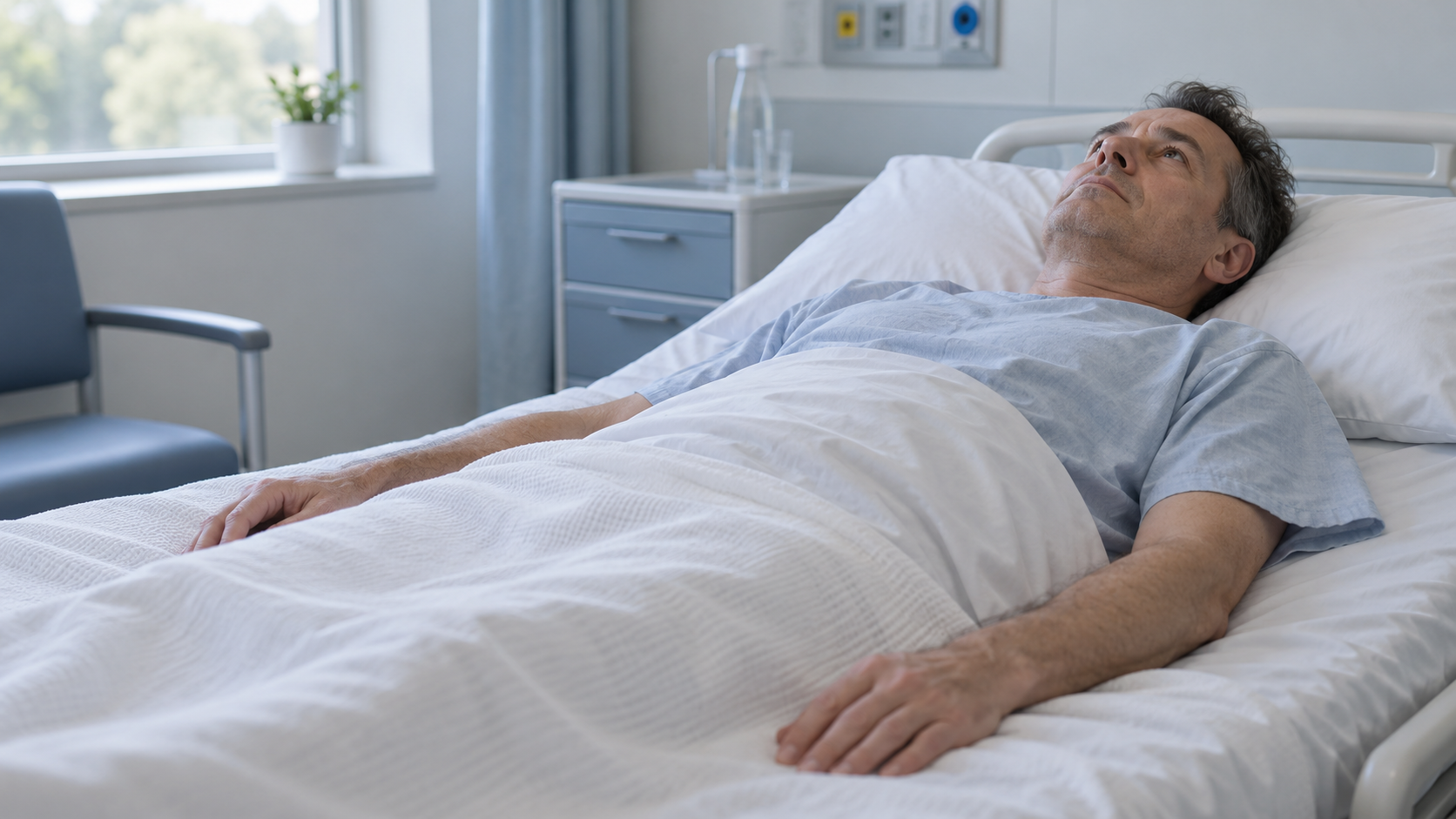 Homem deitado em uma cama hospitalar, com os olhos abertos voltados para o teto e os braços apoiados ao lado do corpo.