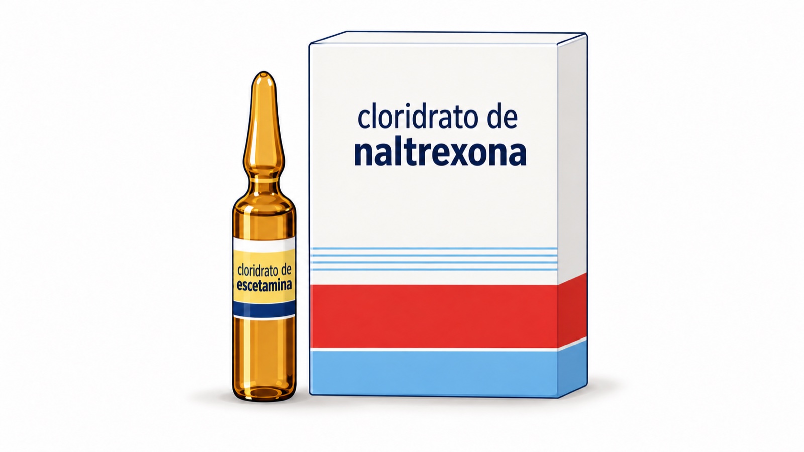 Ilustração de uma ampola de cloridrato de escetamina ao lado de uma caixa de cloridrato de naltrexona.