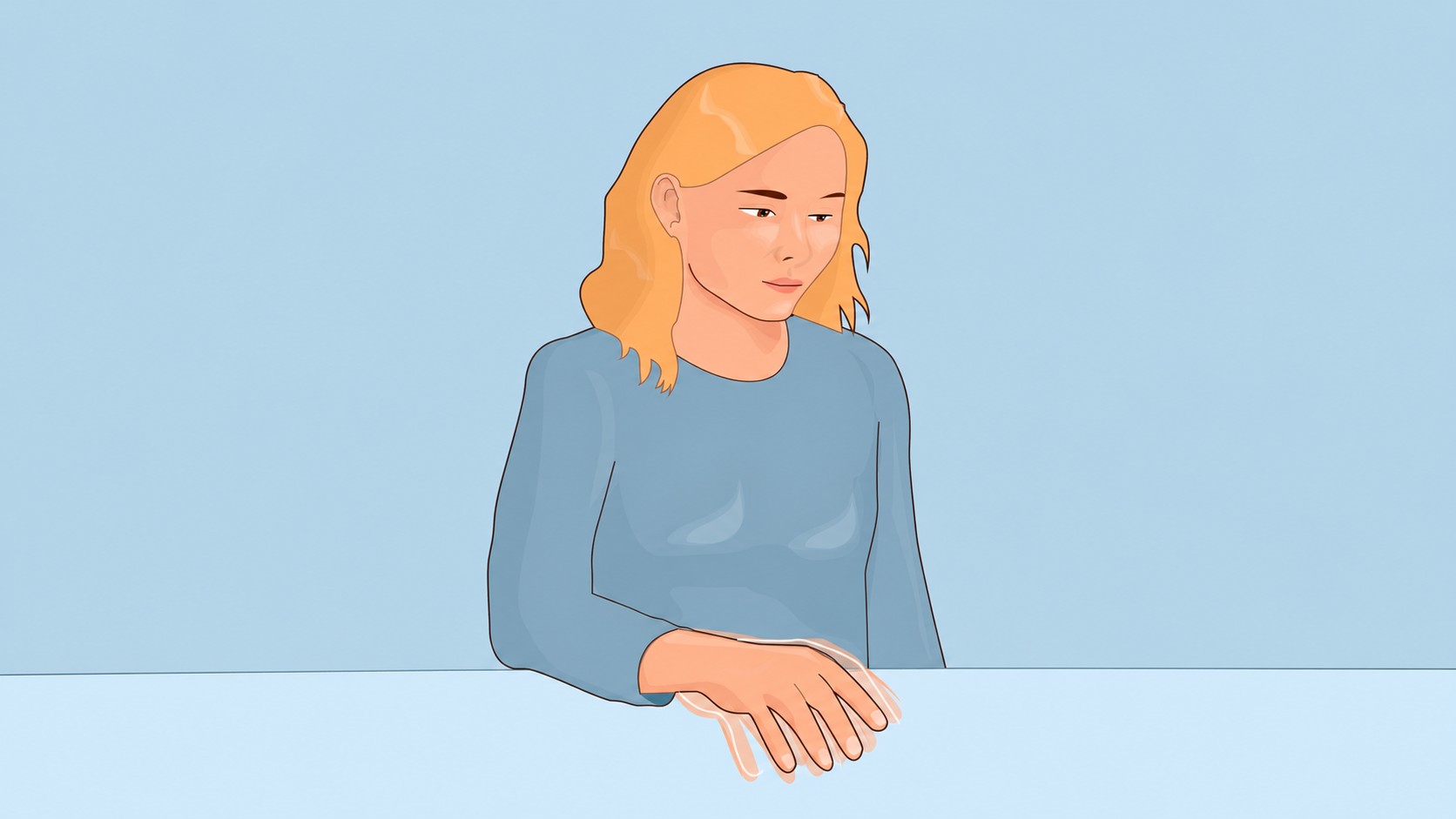 Ilustração de uma mulher à mesa, com contornos sobrepostos indicando tremor na mão.