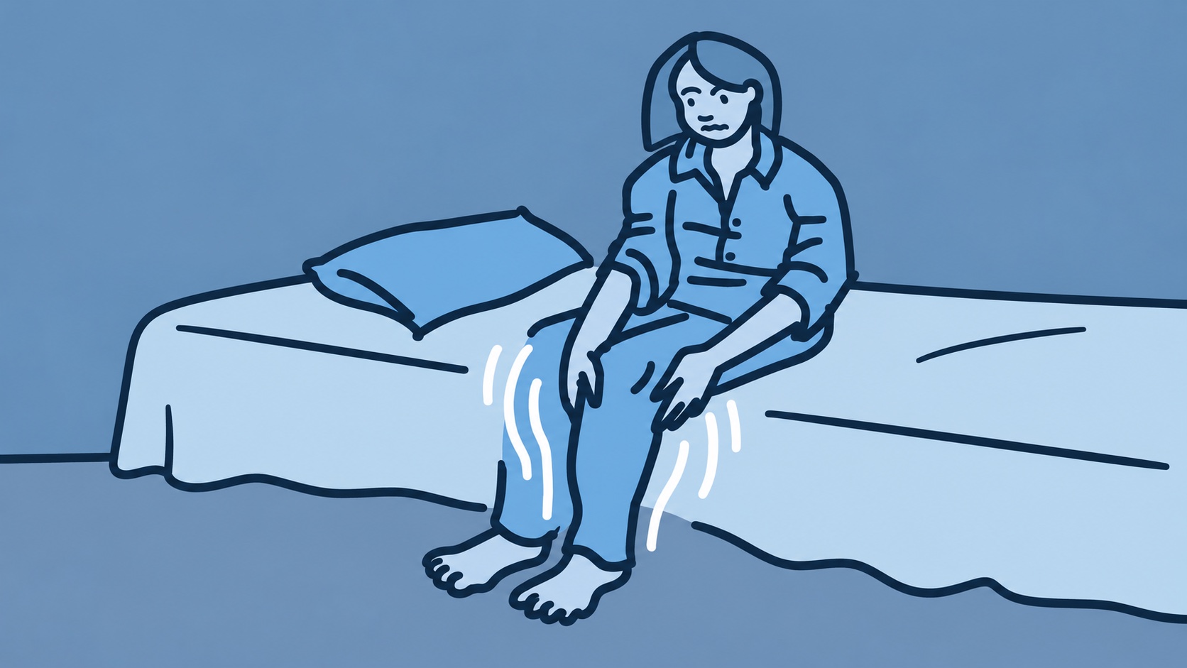 Ilustração de uma mulher sentada na beira da cama, com linhas junto às pernas representando inquietação.