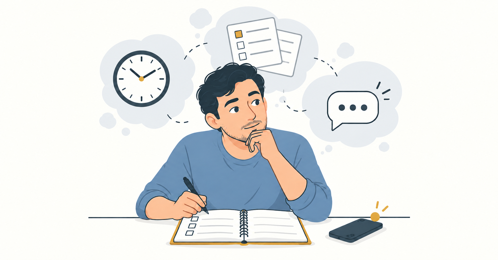 Ilustração de um homem com uma agenda aberta, cercado por tarefas, um relógio e uma notificação no celular.