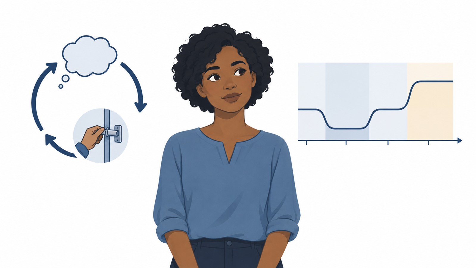 Mulher entre um ciclo de pensamentos e checagem de trinco e uma linha do tempo de humor.
